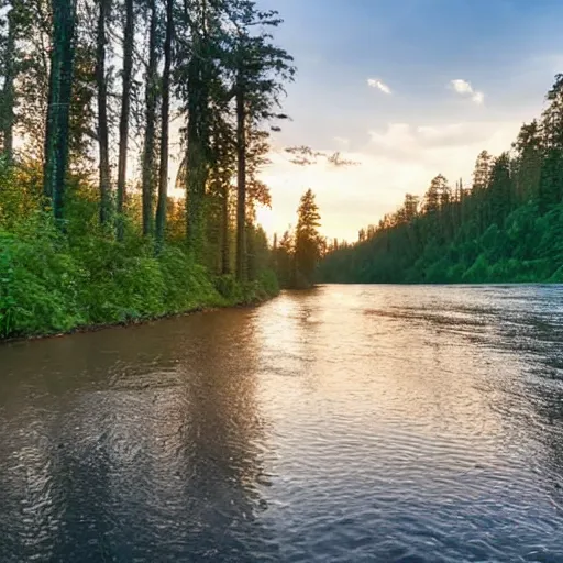 Image similar to A very long river flowing into a lake of pure gold, hidden in the middle of a dense forest of tall trees, with lots of light clouds in the bright blue sky, in the late afternoon.