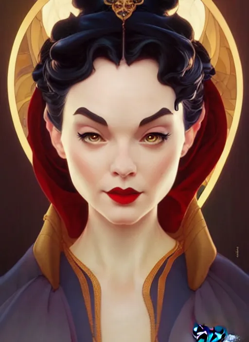 Image similar to disney snow white as a villain, intricate, elegant, highly detailed, my rendition, digital painting, artstation, concept art, smooth, sharp focus, illustration, art by artgerm and greg rutkowski and alphonse mucha and uang guangjian and gil elvgren and sachin teng, symmetry!!