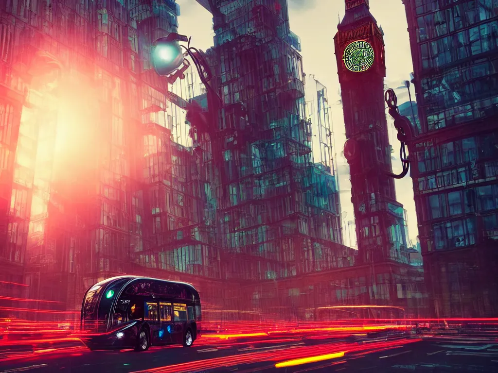 Image similar to an ancient beautiful cyborg with glowing eyes in the city of London, a cyborg with tentacles from it's head, part machine, westminster in background, london bus, colourful, dramatic lighting, golden hour, very detailed octane render very realistic beautiful