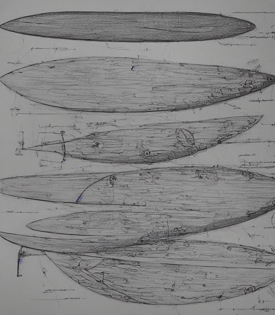 Image similar to blueprint sketch of a beautiful surfboard painted by leonardo da vinci, technical sketch, high detail, charocal drawing, firewire gofish