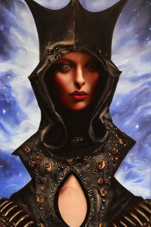 Image similar to hyperrealism oil painting, close - up portrait of european medieval brunette vampire fashion model, knight, steel gradient mixed with nebula sky, in style of baroque