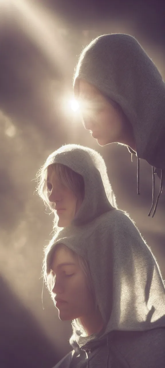 Image similar to very very beautiful photograph of emily skinner looking like annie leonhart in a hoodie standing next to a window god rays shining on her from the sunlight, sharp focus, volumetric fog, smoke, depth of field, beautiful composition, very very very beautifull face, on artstation and instagram, ray tracing