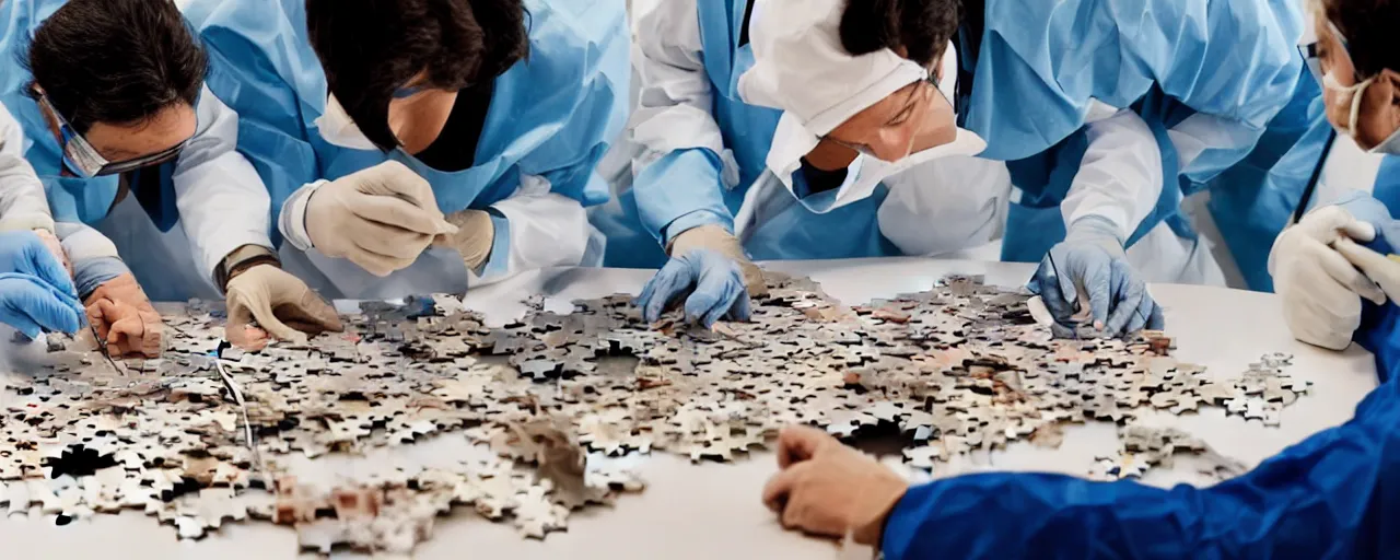 Image similar to a group of surgeons performing an operation on a jigsaw puzzle on a table