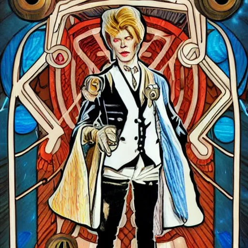 Image similar to david bowie as dr who, mucha style,