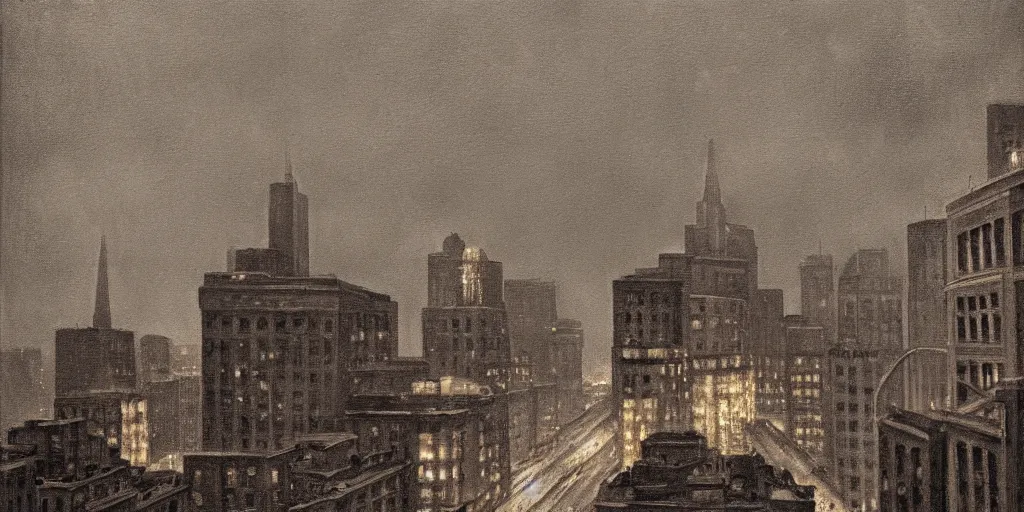 Image similar to a realistic rooftop sepia - toned painting of 1 9 2 0 s downtown boston at night in the rain, dark, brooding, atmospheric, lovecraft