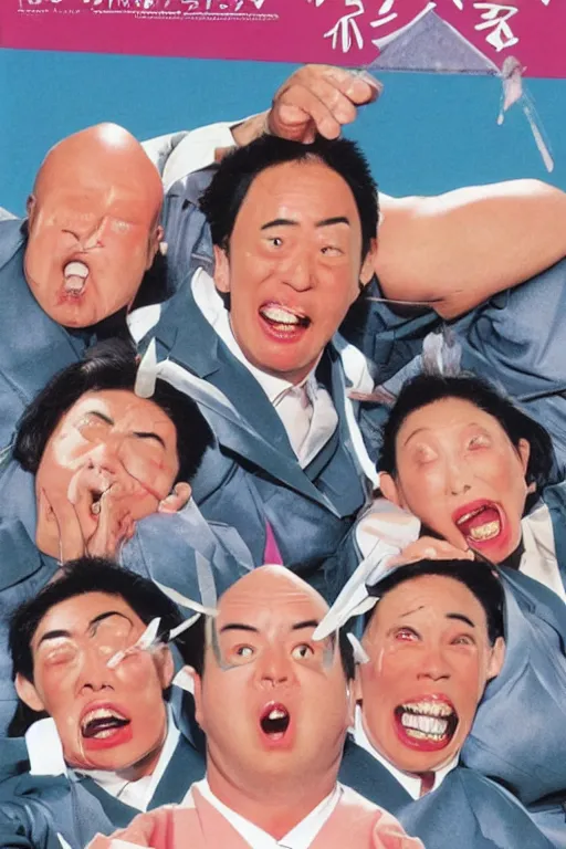 Image similar to coneheads, japanese vhs cover art, detailed facial expressions