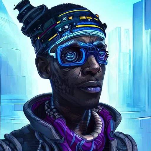 Prompt: a cyberpunk african necromancer, Apex Legends character digital illustration portrait design, by android jones, detailed, cinematic lighting, wide angle action dynamic portrait