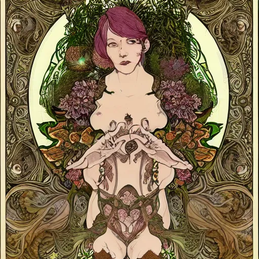 Image similar to a beautiful detailed front view portrait of a rotten woman corpse with fractal plants and fractal flowers and mushrooms growing around, symmetrical, ornate, ornamentation, illustration, in the style of art nouveau, mucha