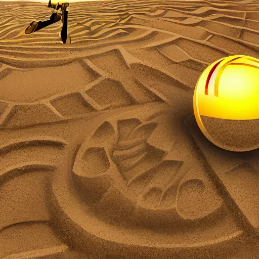 Image similar to in the distance, in the center of a large sandy quarry, a large golden ball lies in the sand, a broken excavator and a man in military uniform standing nearby, stylization of a book illustration, high quality, depth of sharpness, emphasis and focus on the golden ball