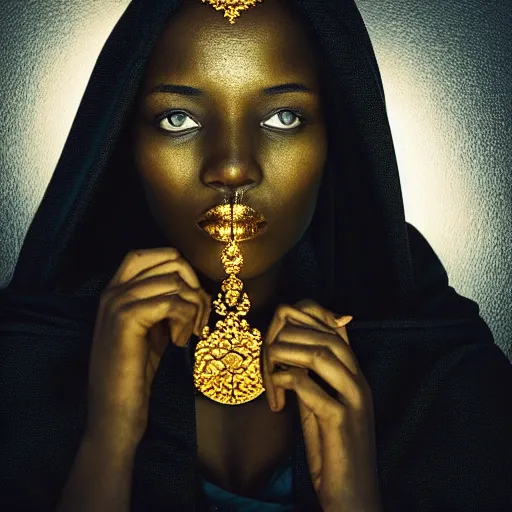 Image similar to a portrait of a young black woman wearing a long dark cloak, hood and shadows covering face, holding golden jewelry, oil painting, matte painting, black background, Volumetric Golden dappled dynamic lighting, Highly Detailed, Cinematic Lighting, Unreal Engine, 8k, HD, by Beksinski