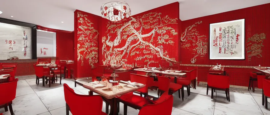 Image similar to a beautiful hyperdetailed interior render of roasted string hotpot restaurant restaurant yan'an, wall corner, from china, red paper wall and white tile floor, with merchant logo, fine delicate structure, chinese style, simple composition, simple style structure decoration design, victo ngai, 4 k hd