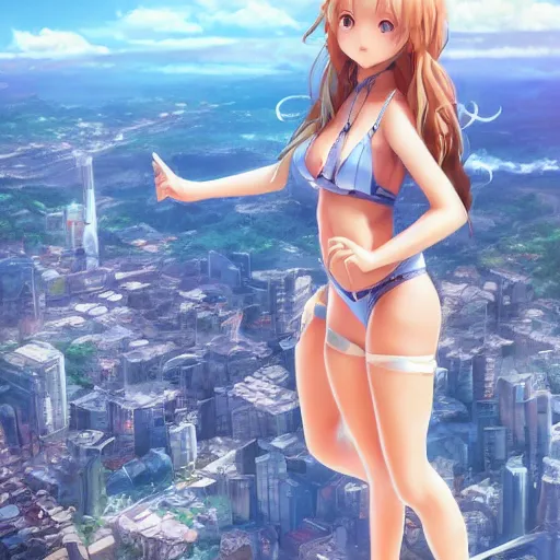 Prompt: seen from above : a giant macro very beautiful young yuuki asuna, full body, long wavy blond hair, sky blue eyes, full round face,, bikini, miniskirt, stepping on a miniature city, cinematic wallpaper by stanley artgerm lau