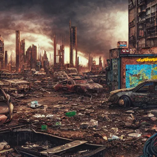 Image similar to hyperrealistic matte painting of a wasteland leftover from nuclear cataclysm, survivors cooking rats over a trashcan fire, intricate detail, complex, long street, cyberpunk buildings, graffiti, cyberpunk ads, 8 k resolution, technological, endless street, by hugh ferris, by noriyoshi ohrai, cyberpunk style, smooth, octane, concept art, trending on artstation