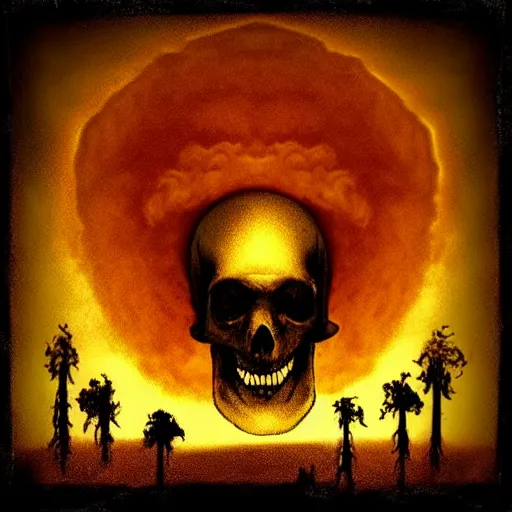 Image similar to “ a human skeleton, framed by a nuclear explosion going off behind it ”