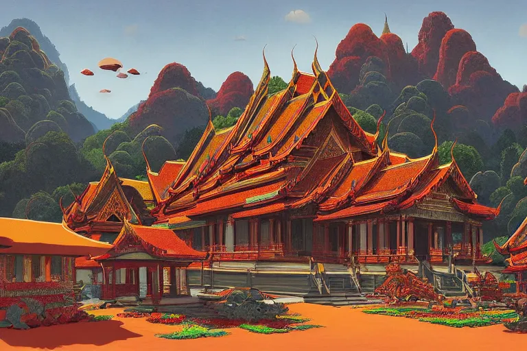 Image similar to summer morning, thai temple, rolling mountain, very coherent and colorful high contrast, art by gediminas pranckevicius, geof darrow, franz sedlacek, dark shadows, hard lighting