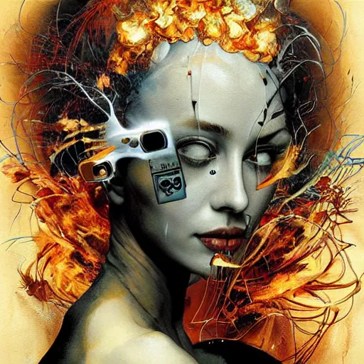 Image similar to she is burning her digital past with glitched flames made of bits, oil on canvas by dave mckean, james jean and esao andrews