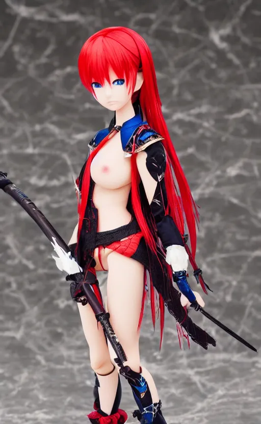 Prompt: dollfie in samurai suit, red hair, blue eyes,