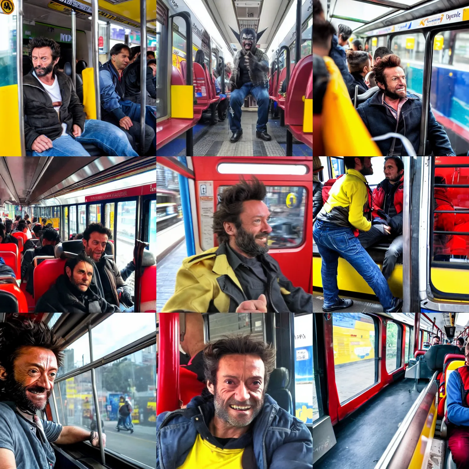 Prompt: wolverine as a passenger inside a transmilenio in bogota colombia