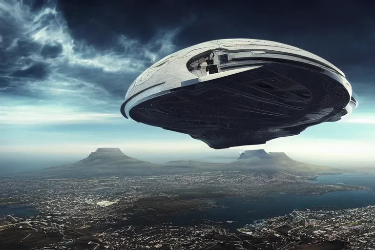 Image similar to a huge spaceship emerging from the clouds over Table Mountain in South Africa, cinematic, dramatic lighting, 4k, ultra detailed, trending on artstation