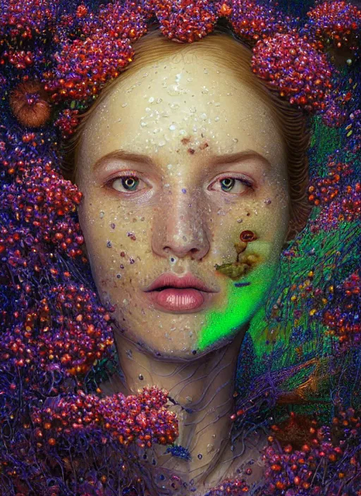 Image similar to hyper detailed 3d render like a Oil painting - Aurora (Singer) Eats of the Strangling Fruit of penance open eyes and Her Hands full of gossamer polyp blossoms bring iridescent fungal flowers whose spores black the foolish stars by Jacek Yerka, Mariusz Lewandowski, Houdini algorithmic generative render, Abstract brush strokes, Masterpiece, Edward Hopper and James Gilleard, Zdzislaw Beksinski, Mark Ryden, Wolfgang Lettl, hints of Yayoi Kasuma, octane render, 8k