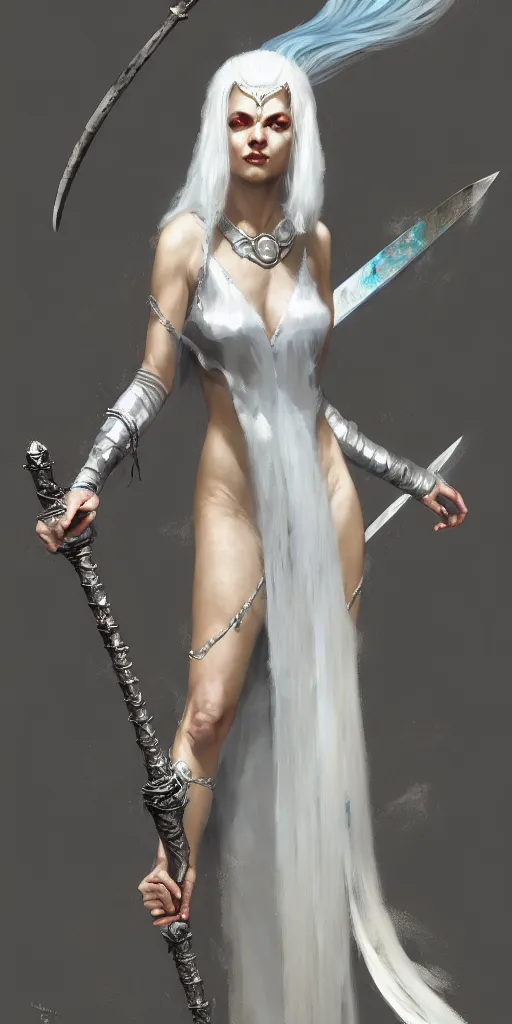 Image similar to craig mullins painting of queen of zokra, silver white hair, long gown, sorceress sword, soft lighting, trending on artstation, by huang guangjian and gil elvgren and sachin teng