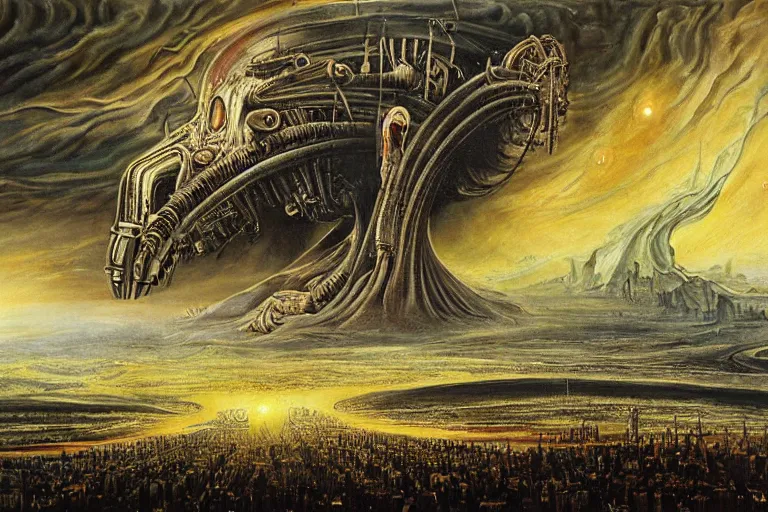 Prompt: a painting of a supreme calamity, apocalypse, end of the world, painting by h. r. giger, super high detail, cosmos perspective, unimaginable composition, sharp focus