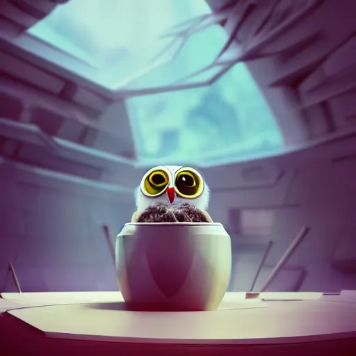 Prompt: long shot of a very cute owl chick nesting in a very futuristic cup, humorous illustration, hyperrealistic, big depth of field, warm colors, night scenery, low light, 3 d octane render, 4 k, conceptart, hyperdetailed, hyperrealistic, trending on artstation