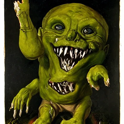 Prompt: stinky little man with green skin, sharp teeth, and many open wounds, renaissance painting