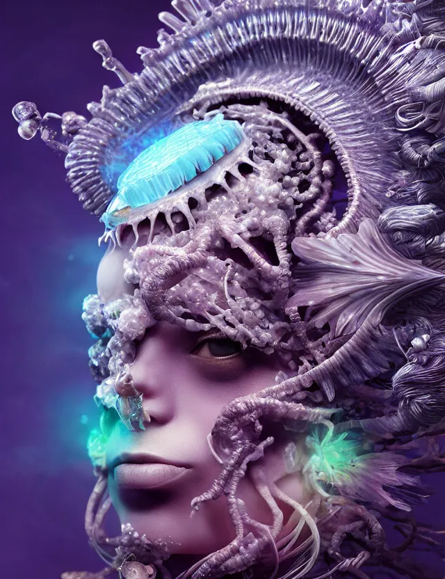 Image similar to goddess macro close - up portrait wigh crown made of ram skull. betta fish, jellyfish phoenix, bioluminiscent, plasma, ice, water, wind, creature, super intricate ornaments artwork by tooth wu and wlop and beeple and greg rutkowski