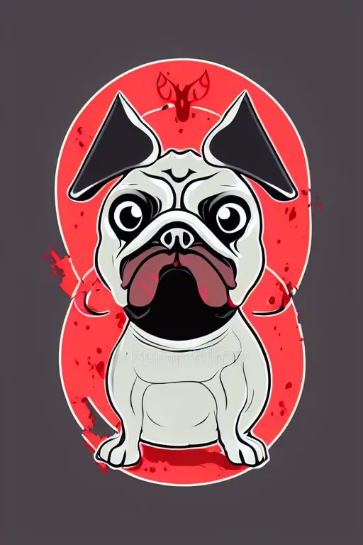 Image similar to Evil pug, the devil, sticker, blood thirsty, blood, evil, colorful, illustration, highly detailed, simple, smooth and clean vector curves, no jagged lines, vector art, smooth