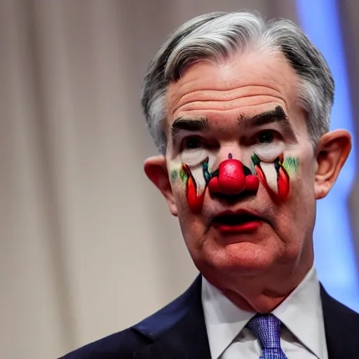 Image similar to Jerome Powell with colorful clown makeup whiteface all over his face