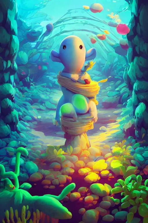 Image similar to smurf ghost creature animal sushi cristal very big eye roots cactus elemental flush of force nature micro world fluo fishscale, behance hd by jesper ejsing, by rhads, makoto shinkai and lois van baarle, ilya kuvshinov, rossdraws radiating a glowing aura global illumination ray tracing hdr