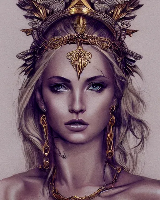 Image similar to tattoo sketch of hot blonde super model as aphrodite greek goddess wearing a gold laurel wreath and triangle earrings, beautiful piercing gaze with sharp pupils, in the style of greg rutkowski, fantasy, amazing detail, epic, elegant, smooth, sharp focus, front view