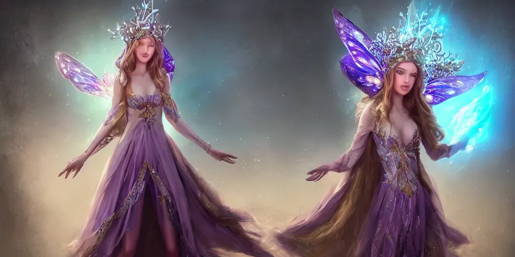 Image similar to fairy girl emperorit is decorated with long robes that fall like stars and wears a huge crown. fantasy art, photo realistic, dynamic lighting, artstation, poster, volumetric lighting, very detailed faces, 4 k, award winning, blender
