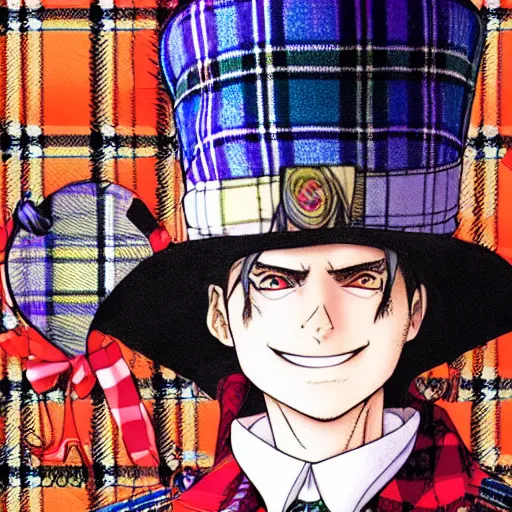 Prompt: The Madhatter as a Manga Character, Scottish Tartan on Hat, Very Large Grin, Depth of Field, 35mm + Art by Rieko Saibara