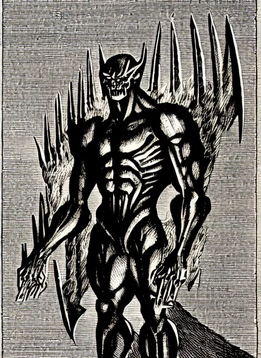 Prompt: illustration of g 1 megatron as a demon from the dictionarre infernal, etching by louis le breton, 1 8 6 9, 1 2 0 0 dpi scan, ultrasharp detail, clean scan