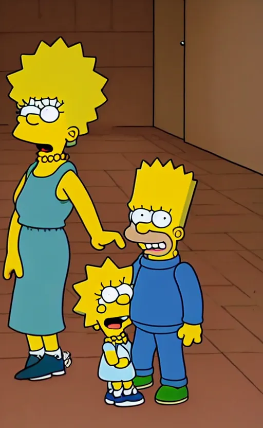 Prompt: lisa simpson and bart simpson in the shining hallway scene, movie screenshot