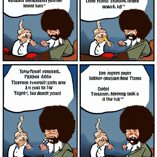 Prompt: angry bob ross screaming at laptop comic strip