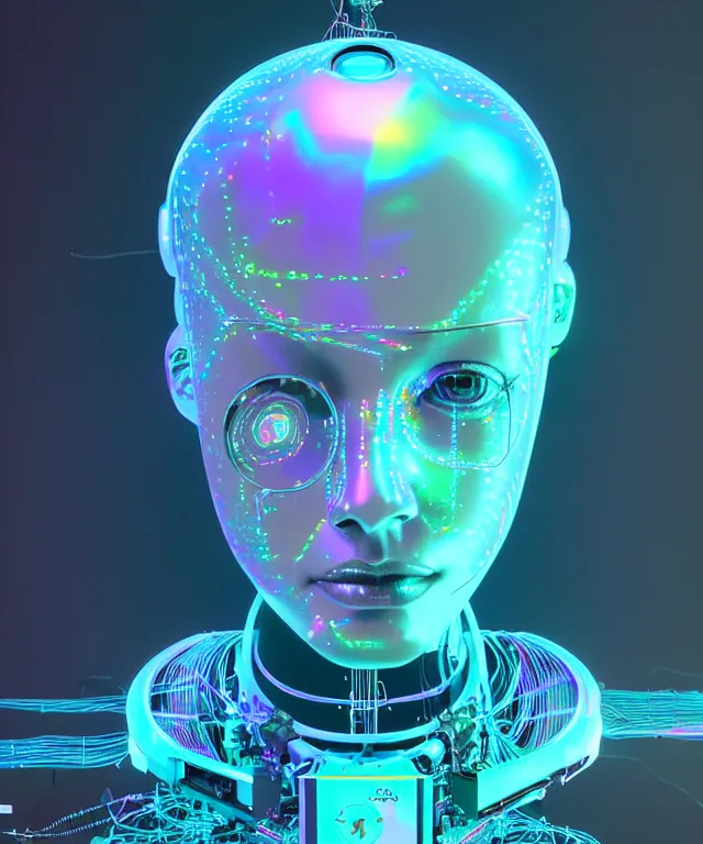 Prompt: a robotic head with artificial intelligence, connected to a lot of iridescent cables, generating the most beautiful image in a holographic monitor, in the style of Oscar chichoni and Peter mohrbacher and Dawid planet