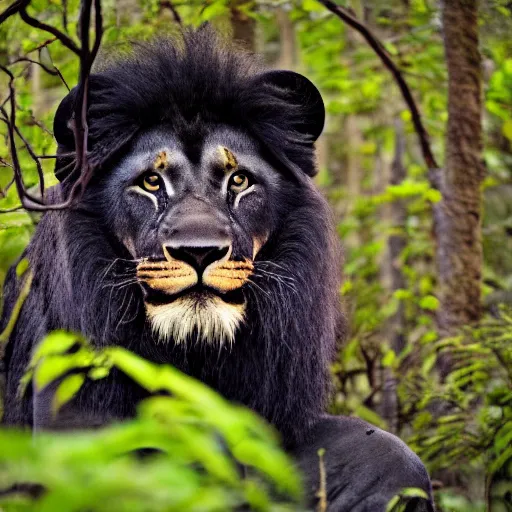 Image similar to professional wildlife photograph of a black lion standing in dark jungle, surrounded by surreal trees, cinematic lighting, staring eyes, apex predator, natgeo, 3 5 mm lens
