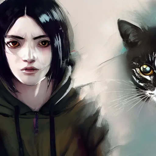 Image similar to a pale skinny white young girl with black hair, the hime cut, 1 8, in a black hoodie, and a cat, apex legends character, digital illustration portrait design, by android jones and greg rutkowski, retrowave color scheme, detailed, cinematic lighting, wide angle action dynamic portrait