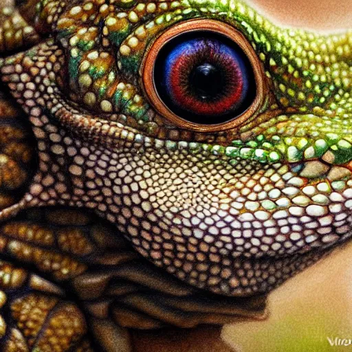 Image similar to Intricate five star Gecko facial portrait by Monica Lee, Colored pencil on paper, high detail, skin texture, photo realistic, hyperrealism,matte finish, high contrast, 3d depth, masterpiece, vivid colors, artstationhd