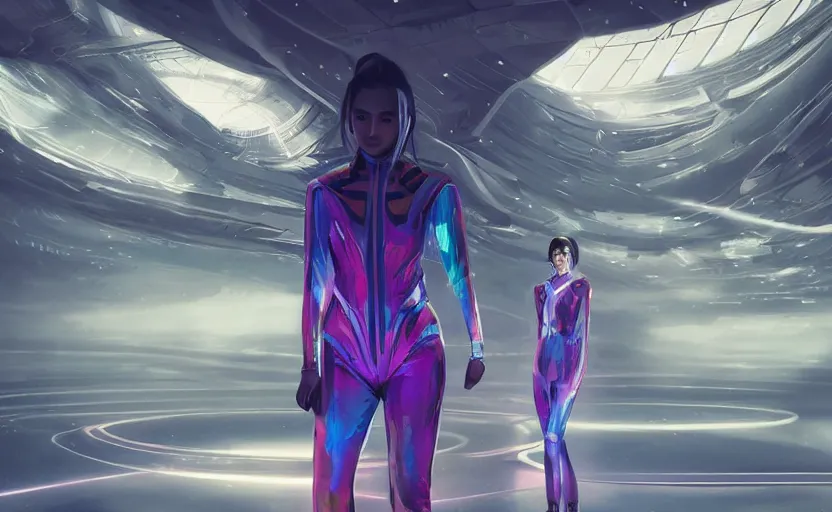 Prompt: beautiful Himalayan woman, sci-fi tibetan fashion, waslking empty hall of a spaceship, futuristic, somber, iridescent body suit with glowing stripes, by Makoto Shinkai and Wojtek Fus, by studio trigger, rossdraws, ambient occlusion, clean lineart and color, vibrant