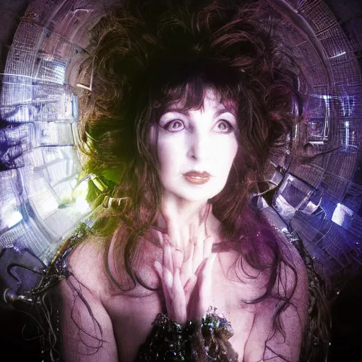 Prompt: beautiful Fine art photo portrait of enraptured Kate Bush as a solarpunk robotic goddess, white mechanical parts with led lights, photorealistic, centered, highly detailed and intricate, sun lighting, 8k