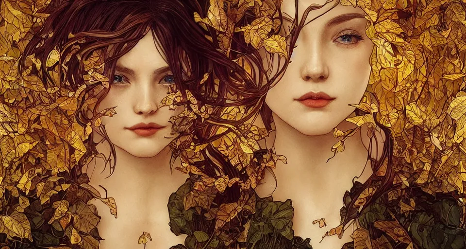 Image similar to golden leaves at frame border, creative!!! composition for a book cover!!!, absurdly beautiful, ultrafine hyperrealistic detailed old!! witch face by wlop and artgerm and alphonse mucha, intricate linework, sharp focus, smooth, octopath traveler, final fantasy, unreal engine, dramatic lighting, ethereal, 8 k