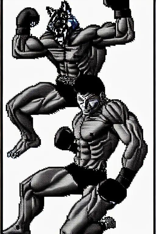 Image similar to extreme long shot. 8 bit nes graphics. hermann nitschantropomorphic muscular masculine wolf. kickboxer fighter, in shorts. wolf head. art from nes game cartridge,