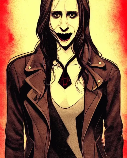 Prompt: in the style of Rafael Albuquerque comicbook art and Joshua Middleton, moody lighting, beautiful evil vampire Taissa Farmiga sharp bloody vampire fangs, evil smile showing fangs, symmetrical eyes, realistic face, symmetrical face, brown leather jacket, jeans, long black hair, full body