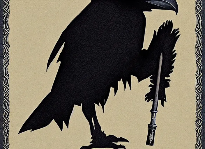 Image similar to portrait of a raven in a vantablack cloak and holding a symbolic weapon. art in the style of symbolism art style portrait hung up in a windows 9 8 castle. r / oldschoolfantasy