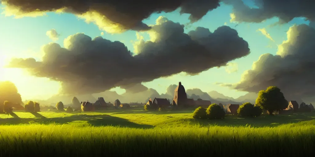 Prompt: grassy flatlands with a village in the distance, cinematic view, blue sky, detailed, concept art, low angle, high detail, warm lighting, volumetric, godrays, vivid, trending on artstation, by jordan grimmer, art greg rutkowski