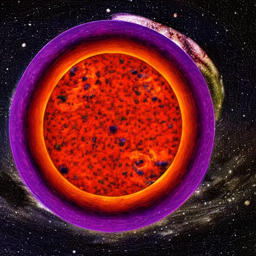 Image similar to chorizo cross-section as a planet in the night sky, 8k, photograph, photorealistic